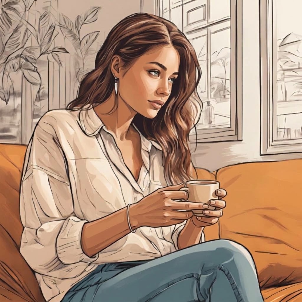 une jeune dame qui boit son café, contemplative